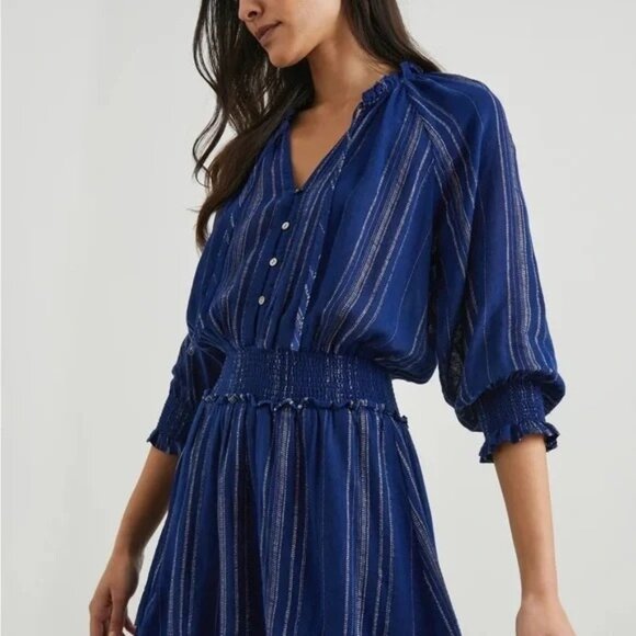 NEW Rails Crystal Dress Linen Blend Blue White Noja Stripe Smocked Size S - Picture 3 of 6